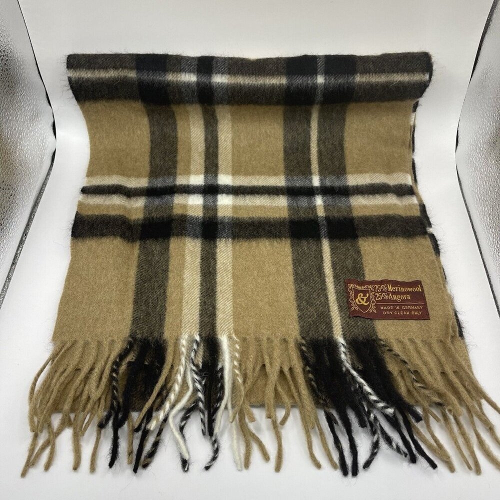 Vintage Wool Neck Scarf Brown Tartan Check Plaid Made in Germany Fringe 54x12"